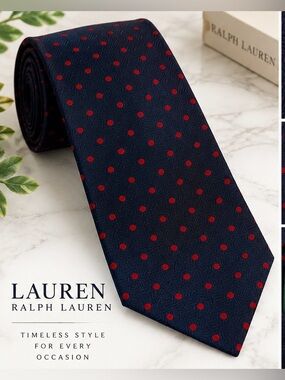 LAUREN RALPH LAUREN 100% SILK NAVY RED POLKA DOT MENS TIE          MADE USA